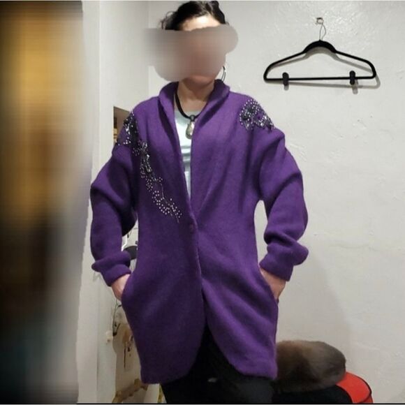 Vintage Cervlle Wool Cardogan Dister with Beading & Rose's in Purple Size M - Picture 14 of 15